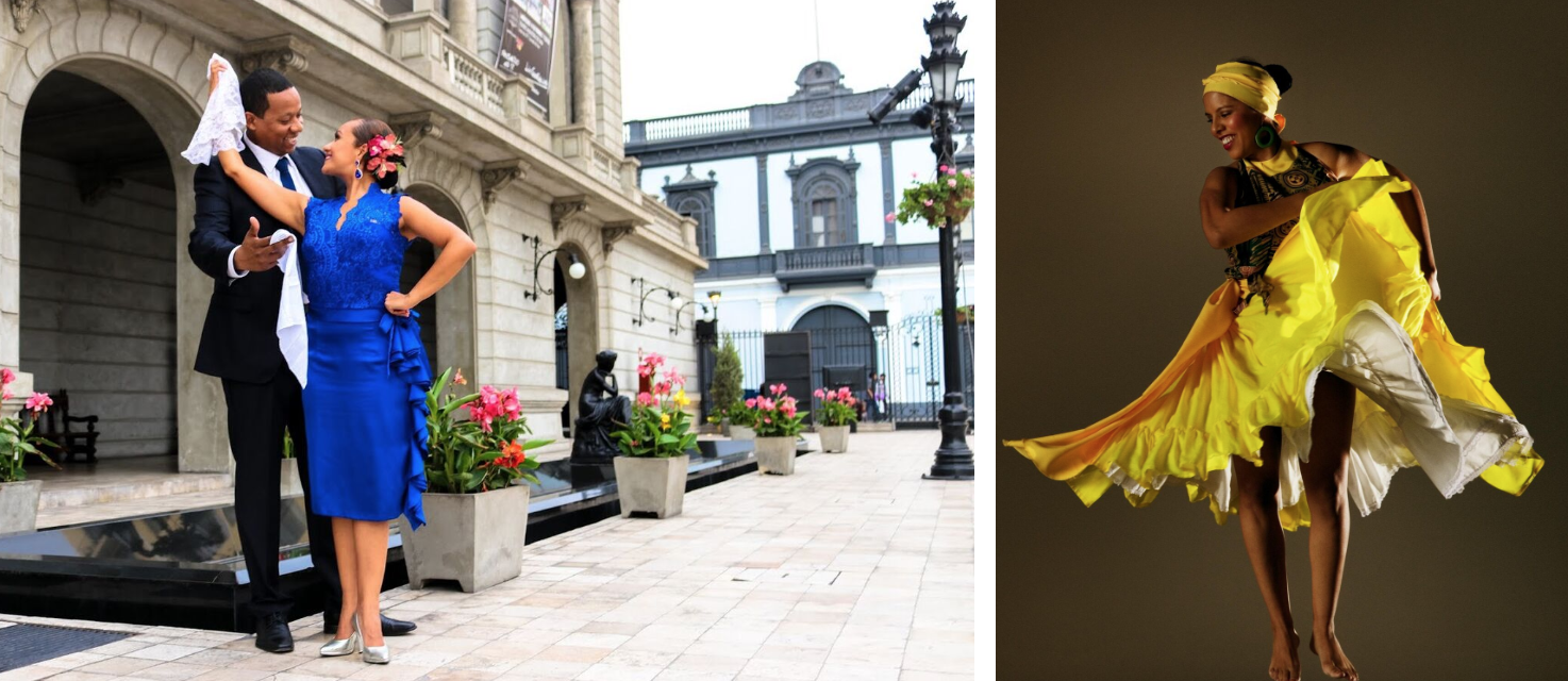 Master artist of Marinera Limeña (Afro-Peruvian) dance, Pierr Padilla (L; photo courtesy of the Municipality of Lima, Peru) and his apprentice Carmen Roman (R; photo courtesy of RJ Muna).