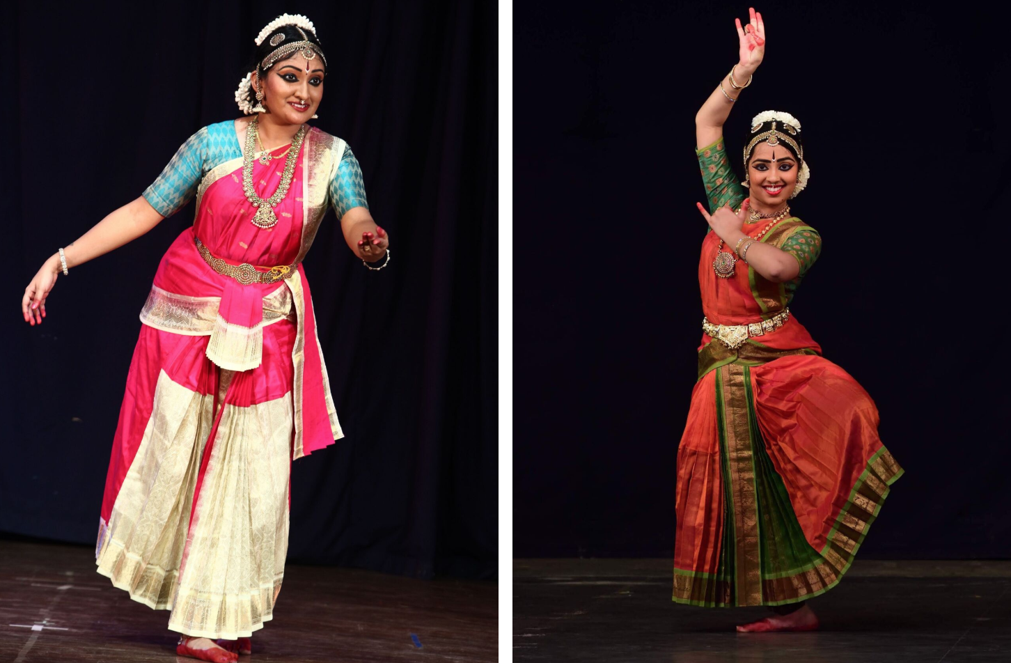 Master dancer Soumya Tilak (L; photo courtesy of Chella Videos) and her apprentice Vibha Raju (R; photo courtesy of Raju Photography).