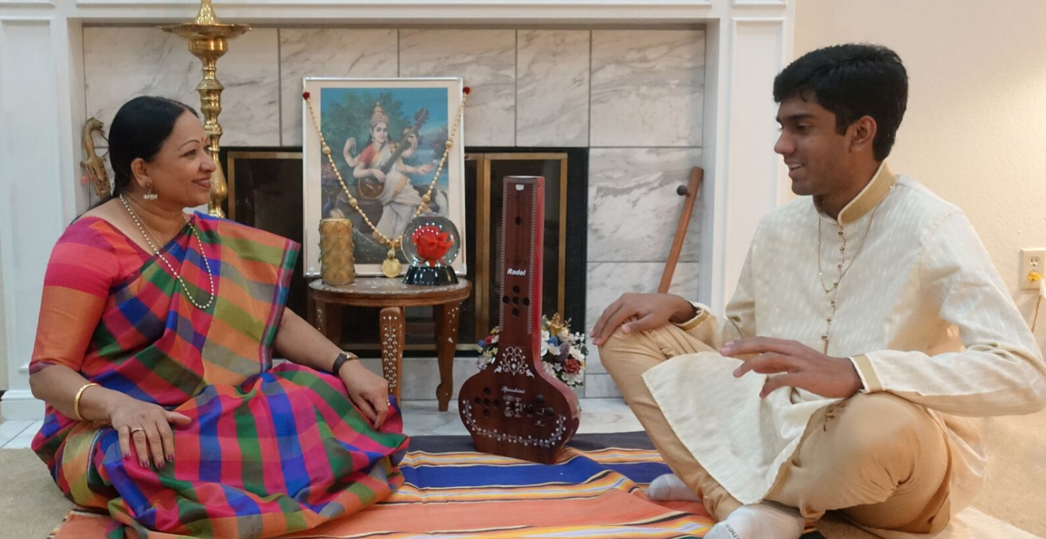 Master Carnatic vocalist Jayashree Varadarajan (L) with her apprentice Kaushik Shivakumar (R). Photo courtesy of the artists.