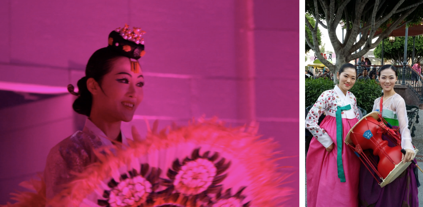 Master Korean folk dancer DaEun Jung (L), and with her apprentice Melody Hyun-Jeong Shim (R). Photos courtesy of the artists.