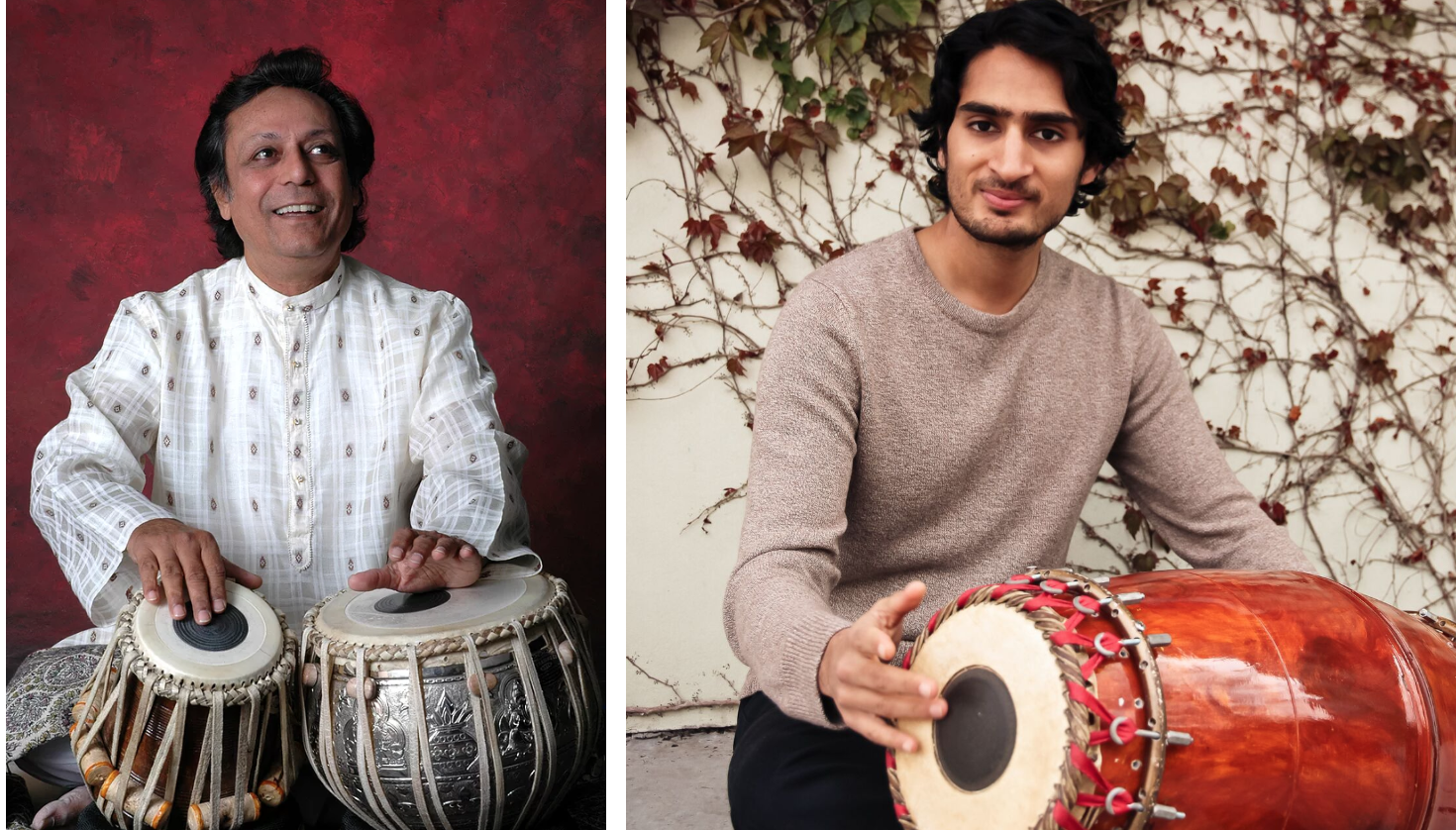 Master tabla artist Swapan Chaudhuri (L; photo courtesy of the artist) and his apprentice Rohan Krishnamurthy (R; photo by Julie Michelle Sparenberg).