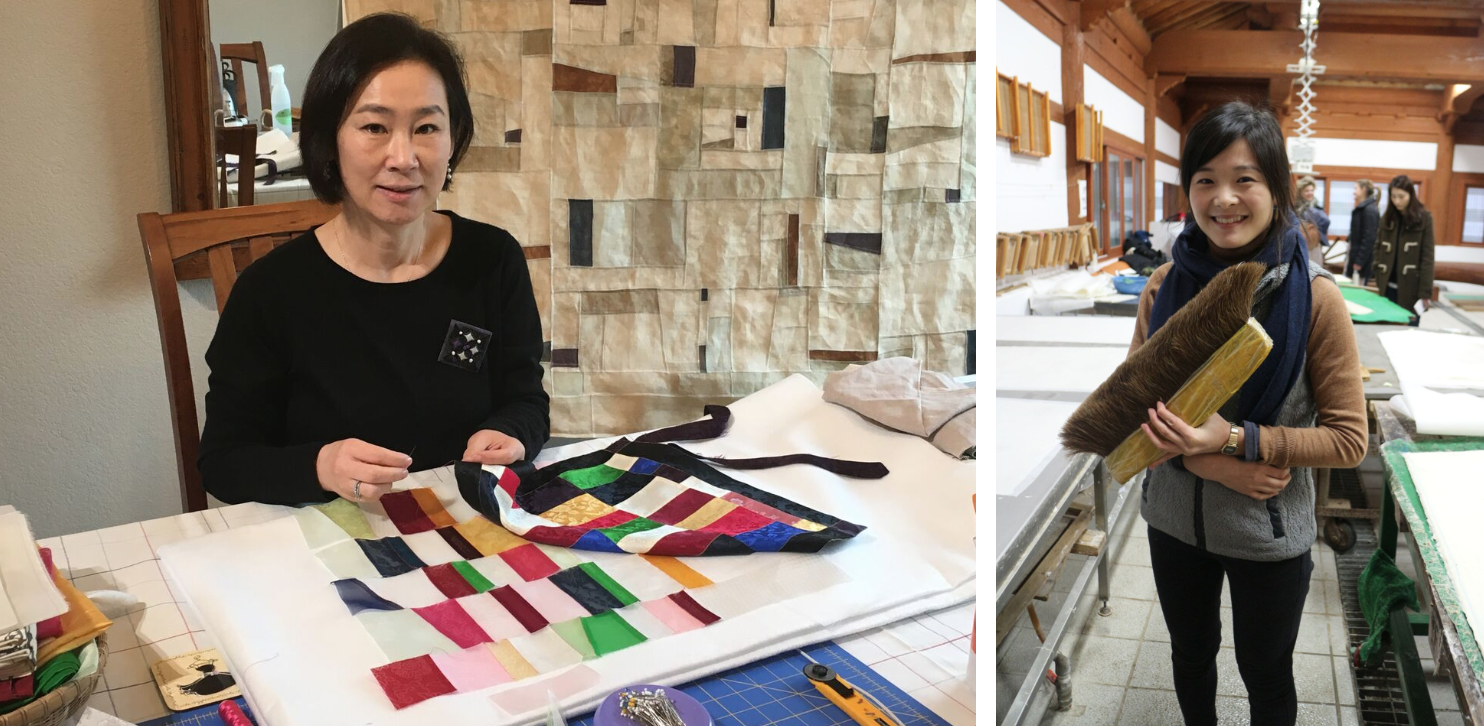 Master artist of Bojagi, or Korean wrapping cloths, Youngmin Lee (L; photo courtesy of the artist) and her apprentice Stephanie Rue (R; photo courtesy of the Korean Craft and Design Foundation).