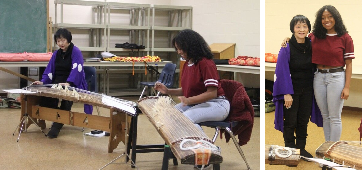 Master artist of Japanese Koto, Shirley Kazuyo Muramoto-Wong (L) with her apprentice Bo Shannon Chappel (R). Photos courtesy of the artists.