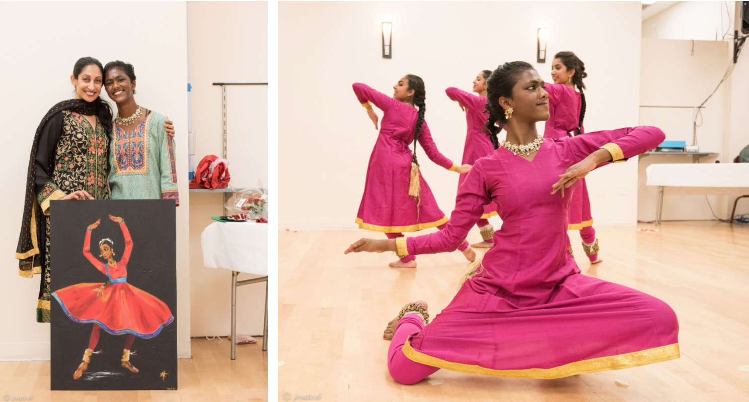 Master Kathak dancer Farah Yasmeen Shaikh with her apprentice Sreoshi Sarkar (L), and Sreoshi in movement (R). Photos: Prateek Sarkar