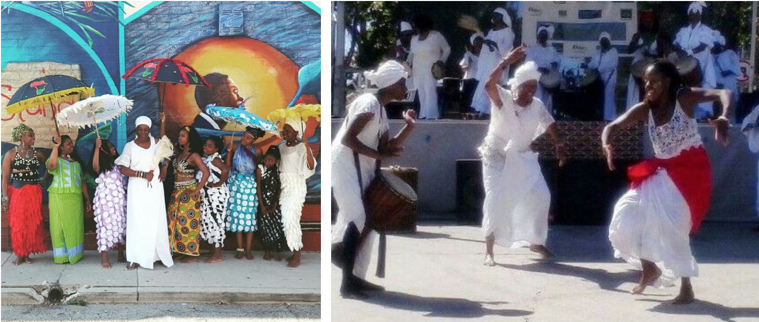 Nzingha Camara with students (L), and dancing together with her apprentice, Amber Tell, accompanied by drummer Imani Afi and Shine Muwasi All Woman Drum Company. Photo: Jaime Milner (L).