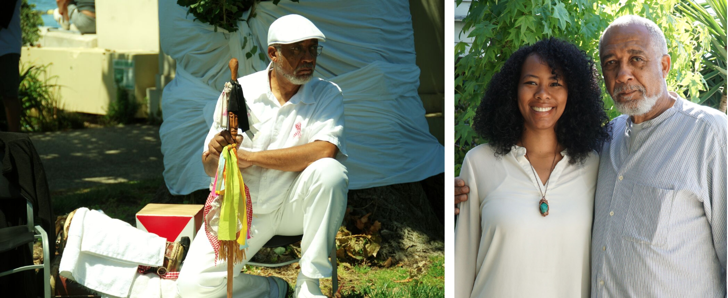 Master artist Tobaji Stewart at the Oakland Juneteenth commemoration in 2013. Photo: Lily Kharrazi/ACTA (L). Tobaji with his apprentice, Acacia Woods-Chan (R). Photo courtesy of the artists.